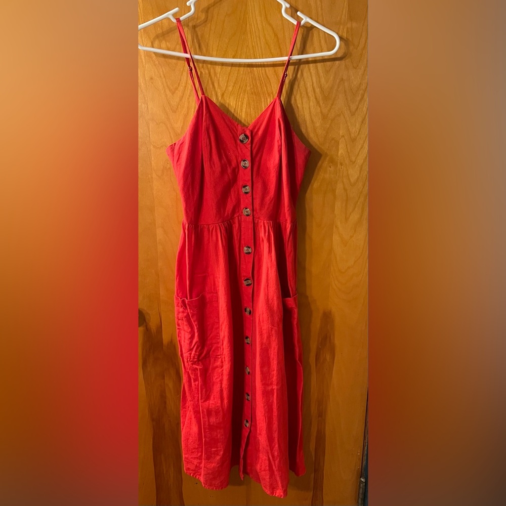 Japana Red Cotton Button-Down Summer Dress